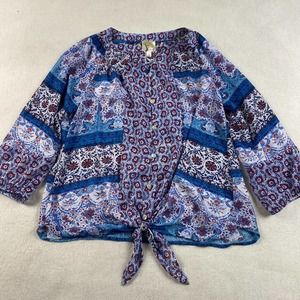 Fig & Flower Womens Floral Boho Chiffon Top S Blue Festival Hippie Semi Sheer